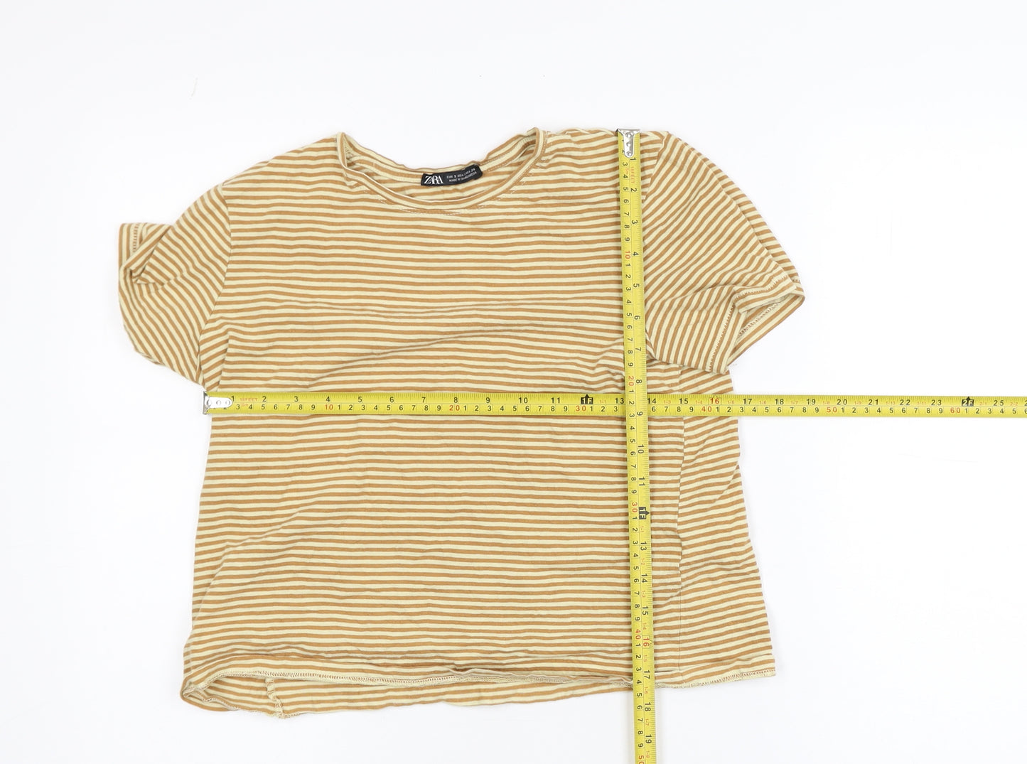 Zara Women Beige Striped Short Sleeve Cotton T-Shirt Size S
