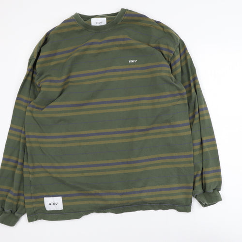 WTAPS Men Green Striped Crew Neck Long Sleeve Pullover Sweatshirt XL