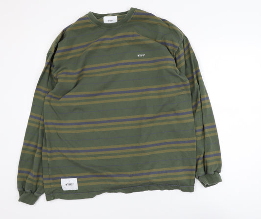 WTAPS Men Green Striped Crew Neck Long Sleeve Pullover Sweatshirt XL