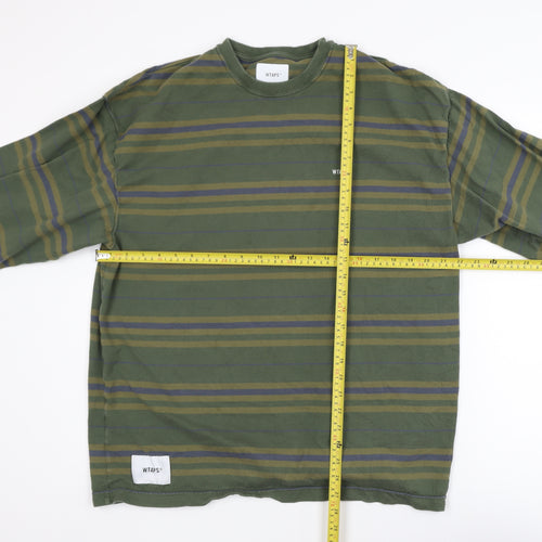WTAPS Men Green Striped Crew Neck Long Sleeve Pullover Sweatshirt XL