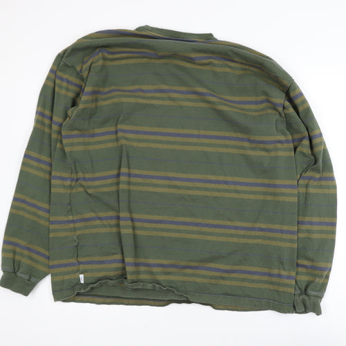 WTAPS Men Green Striped Crew Neck Long Sleeve Pullover Sweatshirt XL