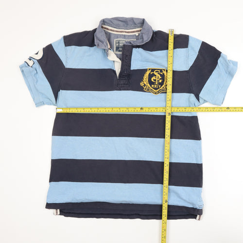 St George By Duffer Men's Blue Striped Polo Shirt Size L Rugby Style