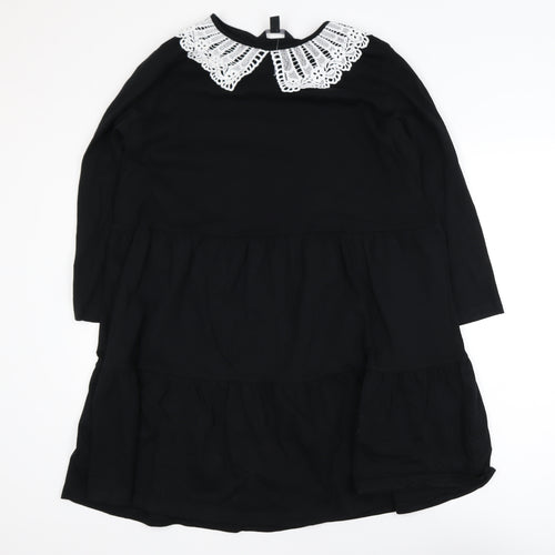 New Look Women's Black Shift Dress Size 14 Crochet Collar Long Sleeve