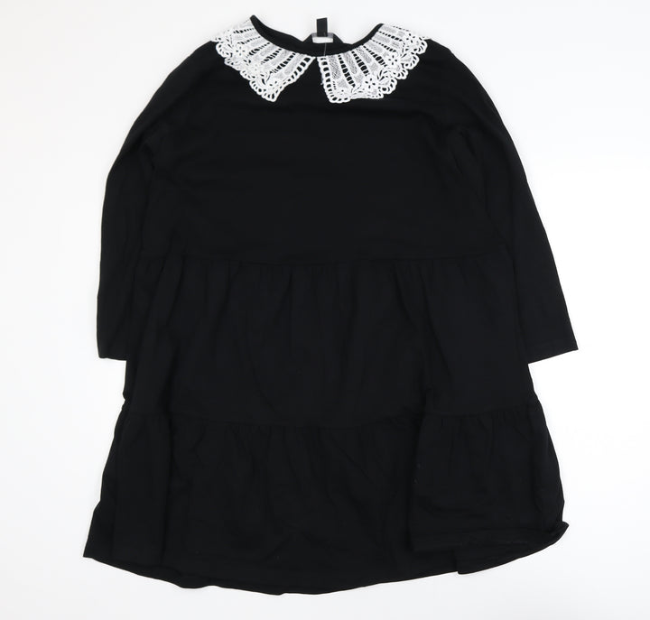 New Look Women's Black Shift Dress Size 14 Crochet Collar Long Sleeve