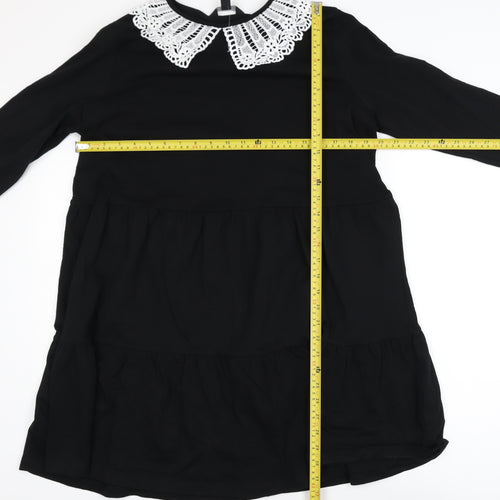 New Look Women's Black Shift Dress Size 14 Crochet Collar Long Sleeve
