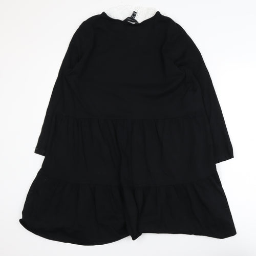 New Look Women's Black Shift Dress Size 14 Crochet Collar Long Sleeve