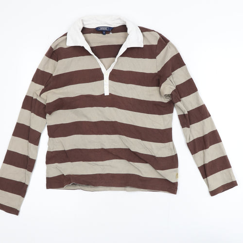Maine New England Women Brown Striped Collared Long Sleeve Cotton Top Size 14