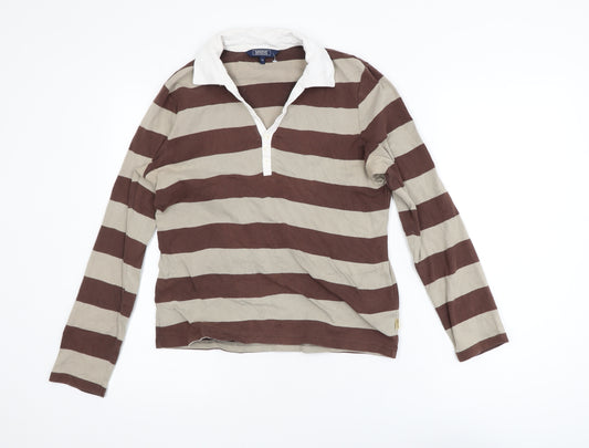 Maine New England Women Brown Striped Collared Long Sleeve Cotton Top Size 14