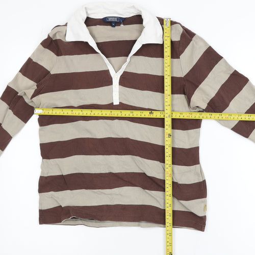 Maine New England Women Brown Striped Collared Long Sleeve Cotton Top Size 14