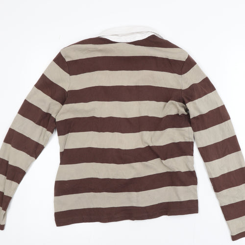 Maine New England Women Brown Striped Collared Long Sleeve Cotton Top Size 14