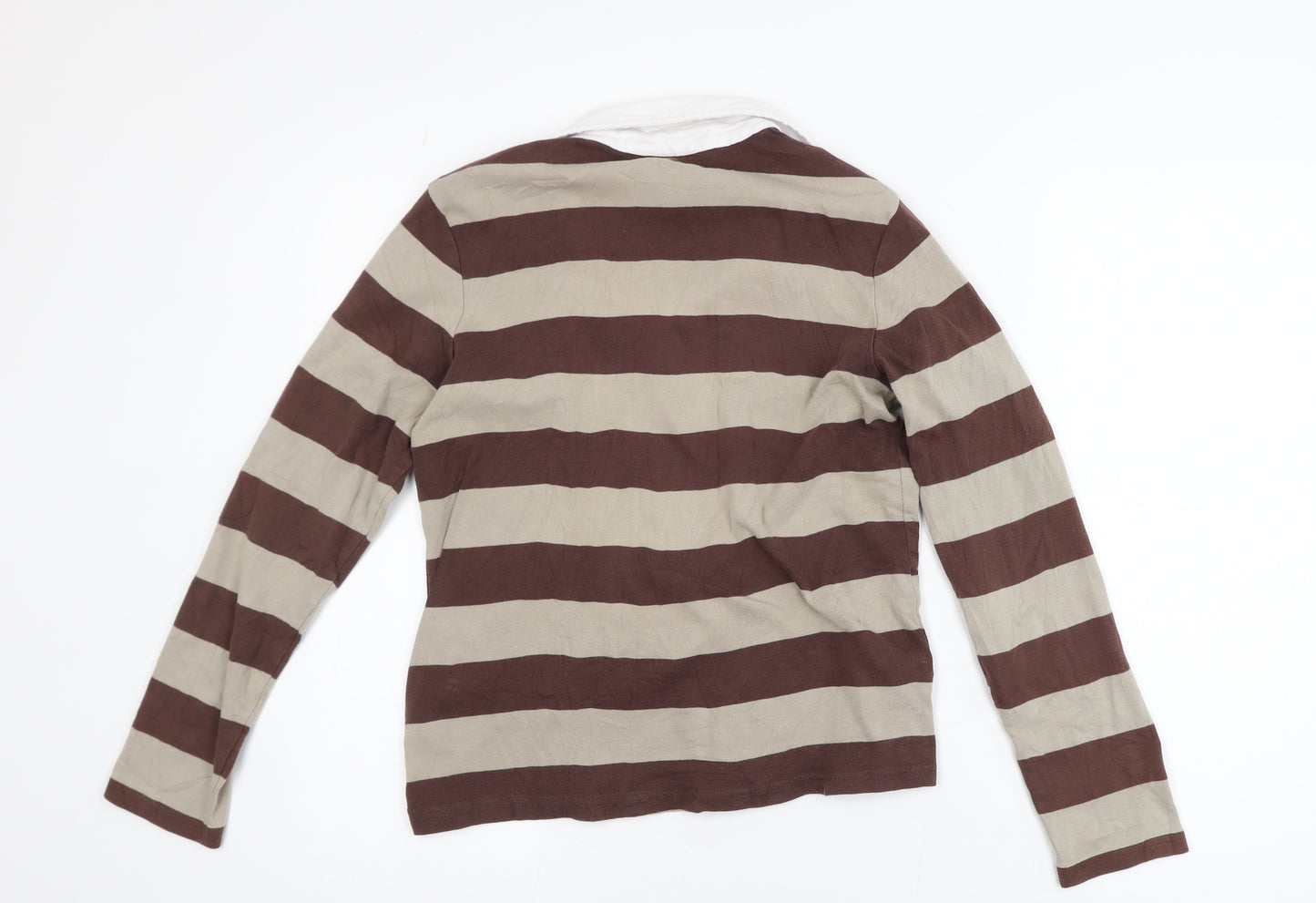 Maine New England Women Brown Striped Collared Long Sleeve Cotton Top Size 14