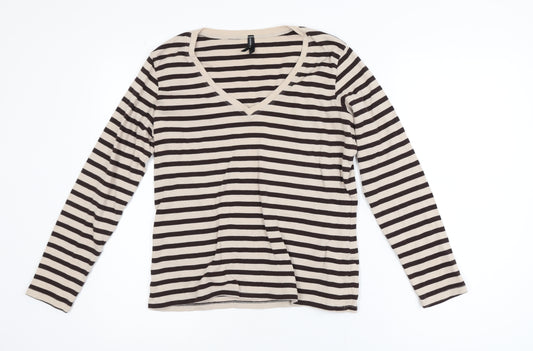 Marks and Spencer Women’s Beige Striped Long Sleeve Cotton V-Neck Top Size 18