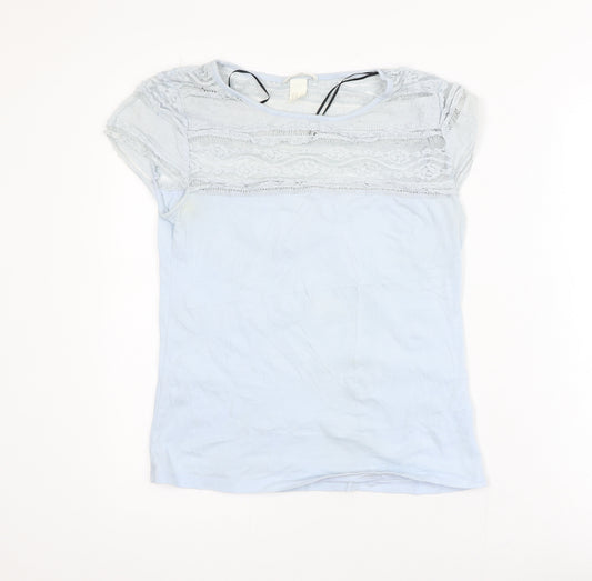 H&M Women’s Blue Lace Panel Short Sleeve Cotton T-Shirt Size 12