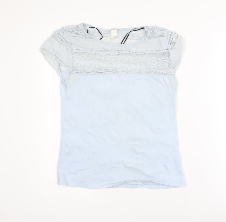 H&M Women’s Blue Lace Panel Short Sleeve Cotton T-Shirt Size 12