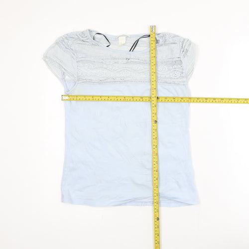 H&M Women’s Blue Lace Panel Short Sleeve Cotton T-Shirt Size 12
