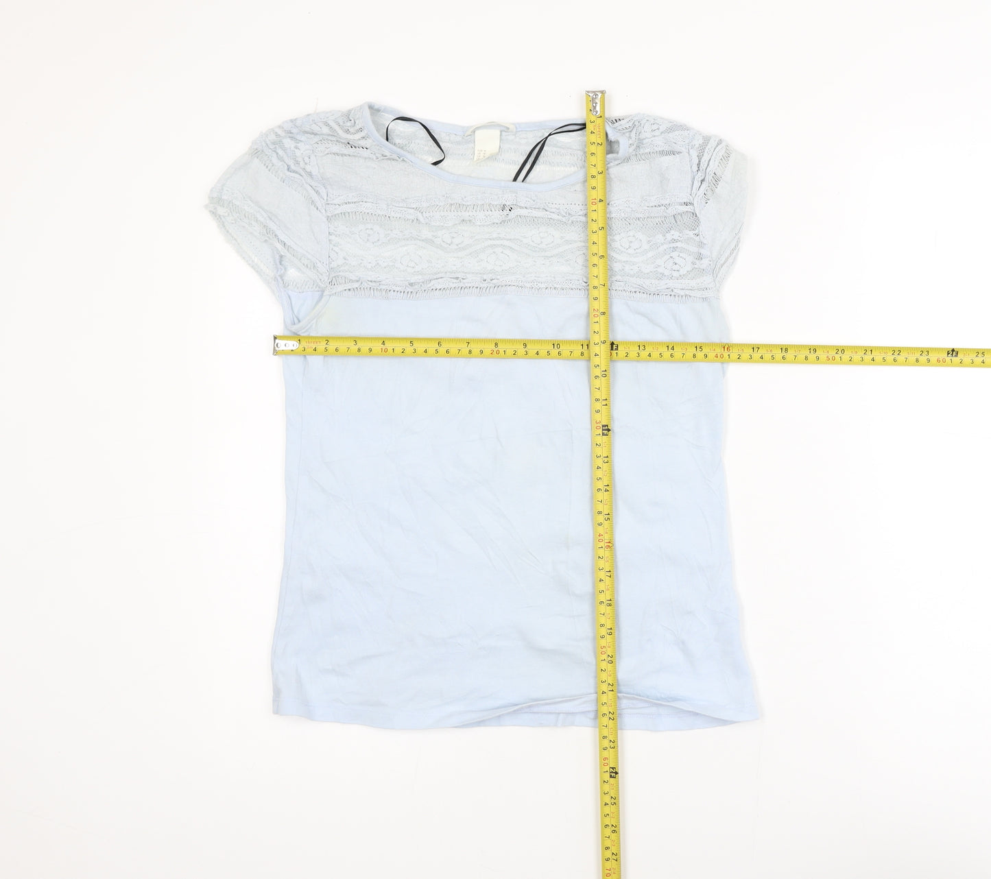 H&M Women’s Blue Lace Panel Short Sleeve Cotton T-Shirt Size 12