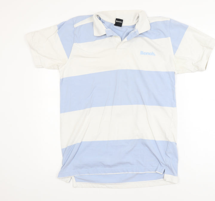 Bench Men's Blue White Striped Polo Shirt Size L Cotton Regular Fit
