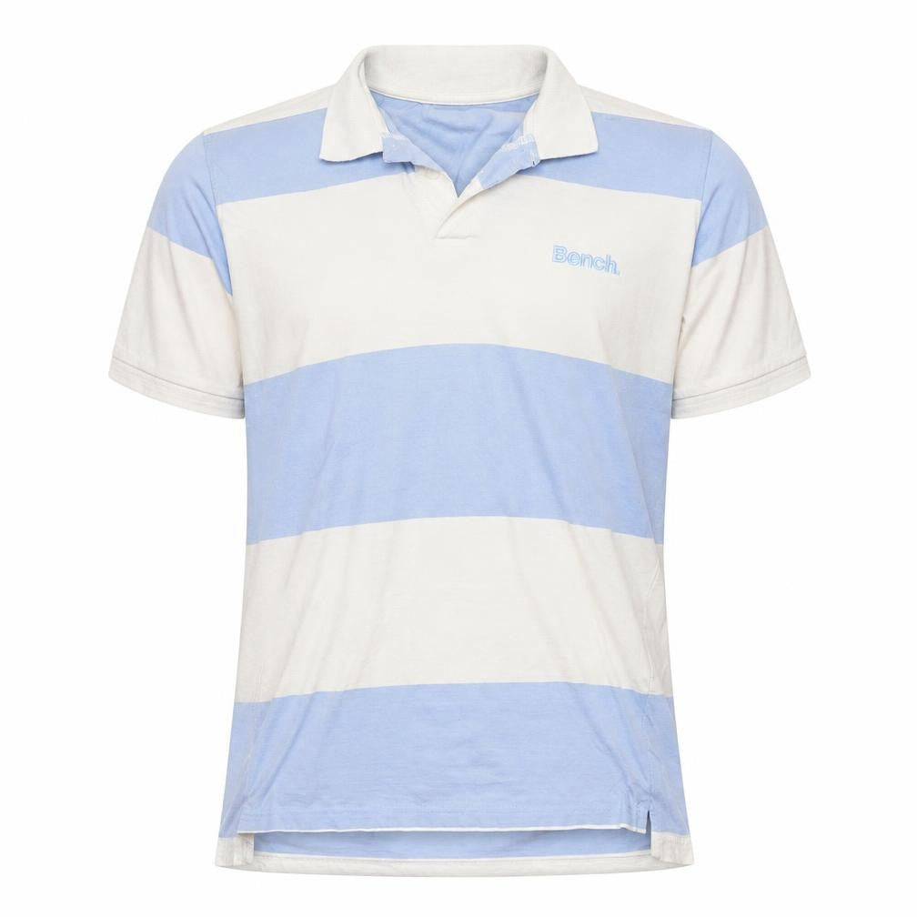 Front view of Bench Men's Blue White Striped Polo Shirt, size L, Cotton Regular Fit