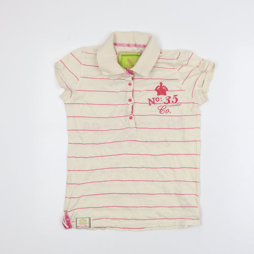 Next Girls Beige Pink Striped Polo T-Shirt Size 10 Cotton Casual Top