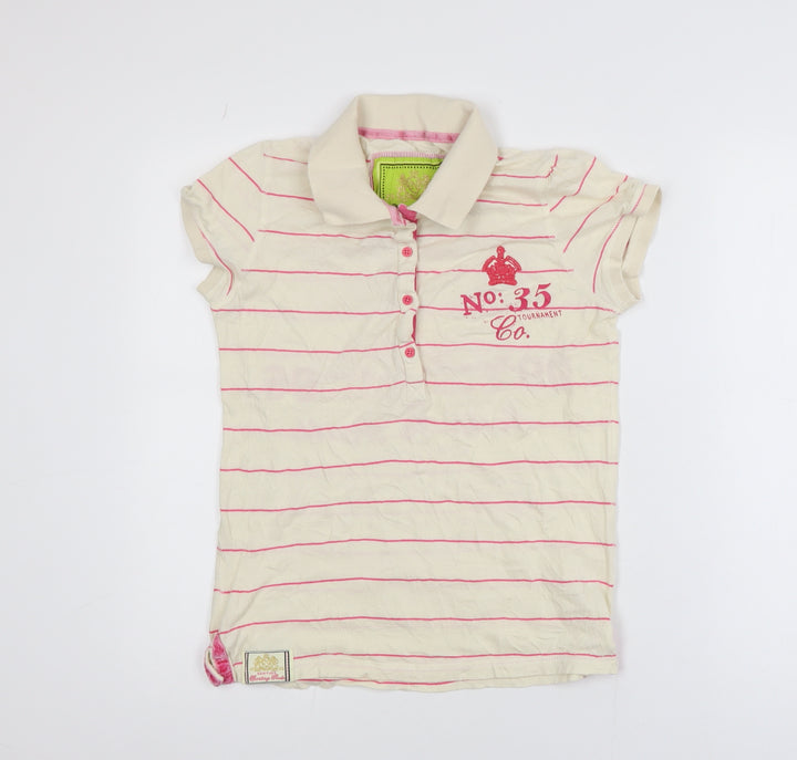 Next Girls Beige Pink Striped Polo T-Shirt Size 10 Cotton Casual Top