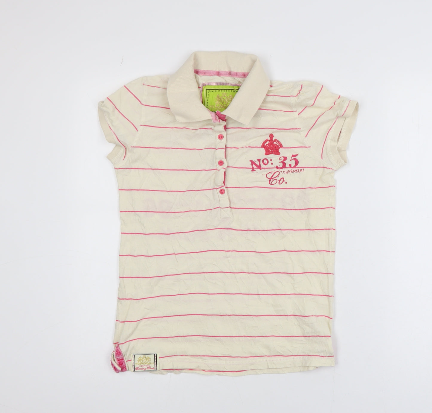 Next Girls Beige Pink Striped Polo T-Shirt Size 10 Cotton Casual Top