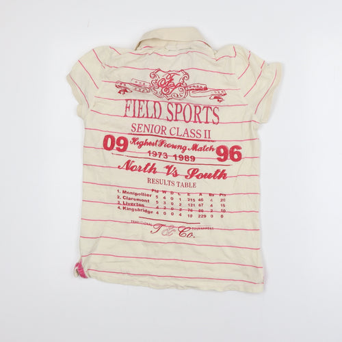 Next Girls Beige Pink Striped Polo T-Shirt Size 10 Cotton Casual Top