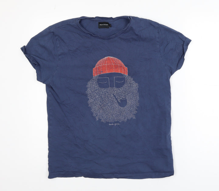 Bask In The Sun Men's Blue Graphic Beard T-Shirt Size M Organic Cotton