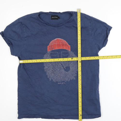 Bask In The Sun Men's Blue Graphic Beard T-Shirt Size M Organic Cotton