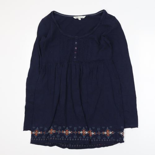 Fat Face Women Blue Cotton Tunic Blouse Size 12 Bohemian Embroidered