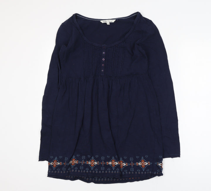 Fat Face Women Blue Cotton Tunic Blouse Size 12 Bohemian Embroidered