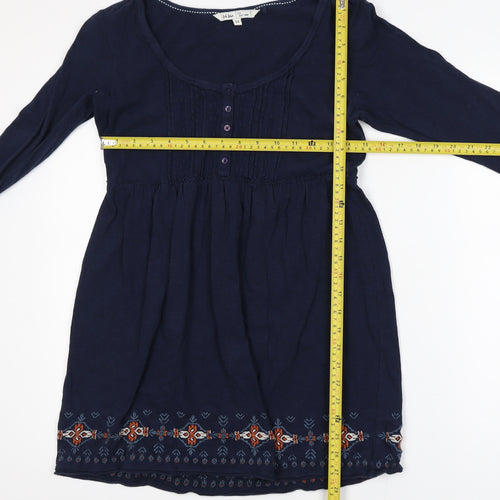 Fat Face Women Blue Cotton Tunic Blouse Size 12 Bohemian Embroidered