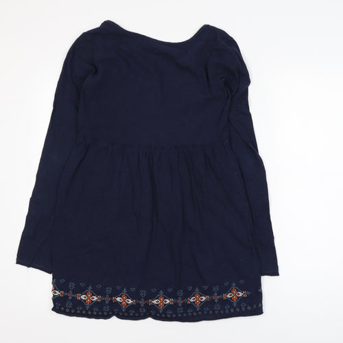 Fat Face Women Blue Cotton Tunic Blouse Size 12 Bohemian Embroidered