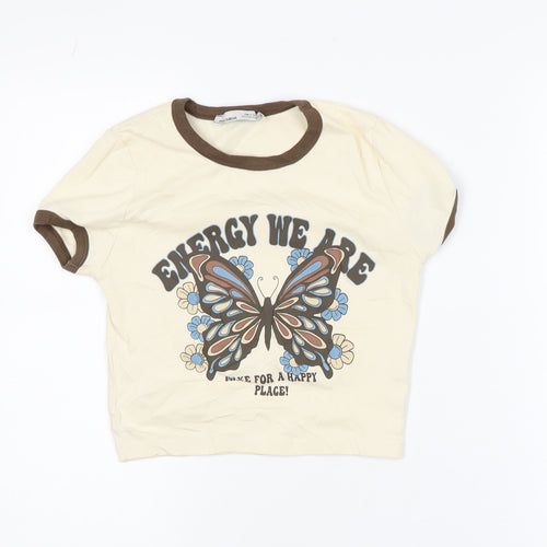 Pull & Bear Womens Beige Butterfly Ringer T-Shirt Size M