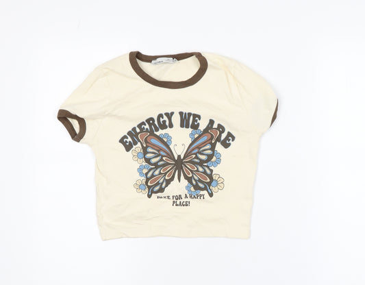 Pull & Bear Womens Beige Butterfly Ringer T-Shirt Size M
