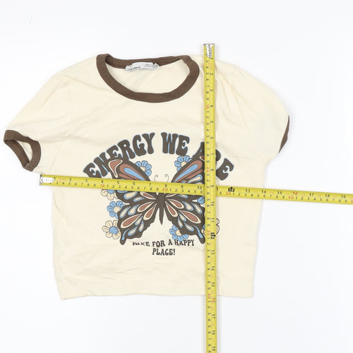 Pull & Bear Womens Beige Butterfly Ringer T-Shirt Size M