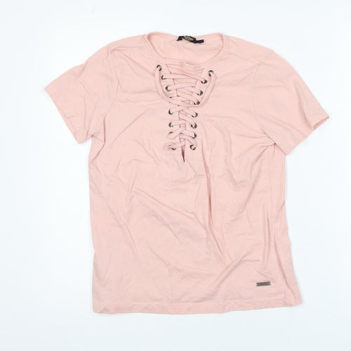The Roadster Life Co. Women's Pink Lace Up Cotton T-Shirt Size S