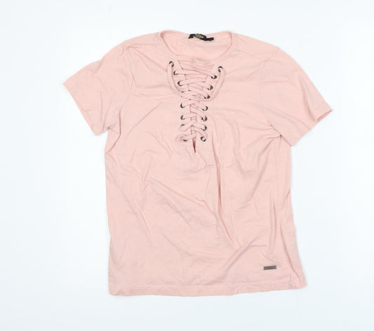 The Roadster Life Co. Women's Pink Lace Up Cotton T-Shirt Size S