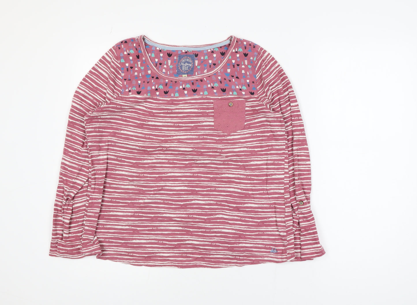 Mantaray Women Pink Striped Cotton Long Sleeve T-Shirt Size 14