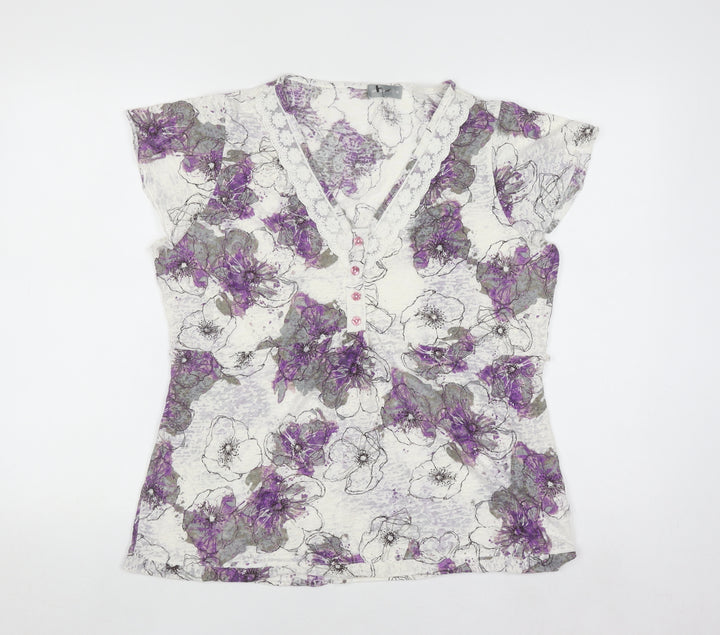 Marks and Spencer Per Una Women’s Purple Floral Lace Trim V-Neck Top Size 16
