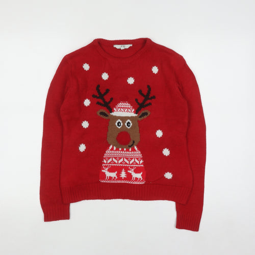 Peacocks Kids Boys Red Reindeer Christmas Jumper 9-10 Years Crew Neck Knit