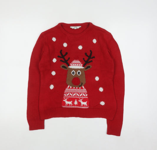 Peacocks Kids Boys Red Reindeer Christmas Jumper 9-10 Years Crew Neck Knit
