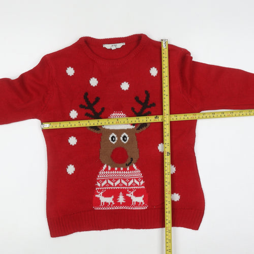 Peacocks Kids Boys Red Reindeer Christmas Jumper 9-10 Years Crew Neck Knit
