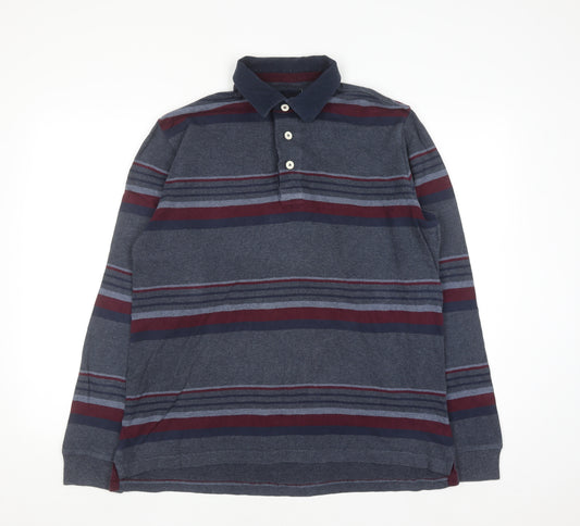 Marks and Spencer Blue Harbour Men's Blue Striped Cotton Henley Jumper M