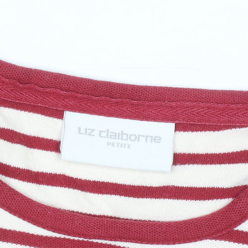 Liz Claiborne Women Red Striped Long Sleeve Cotton T-Shirt Petite M