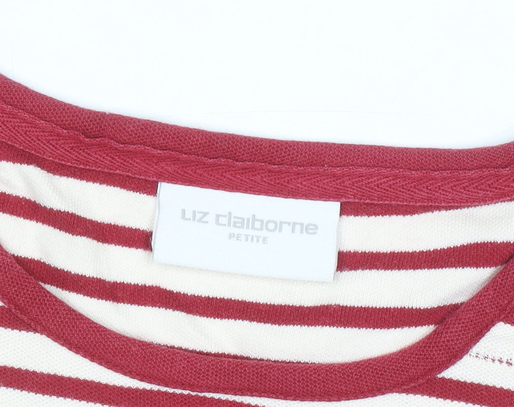 Liz Claiborne Women Red Striped Long Sleeve Cotton T-Shirt Petite M