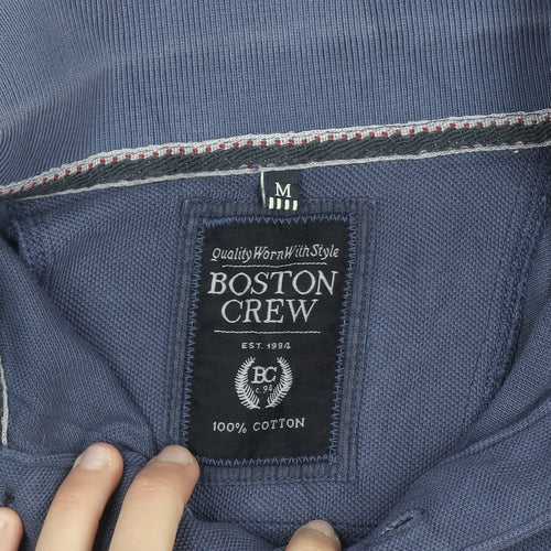 Boston Crew Men's Blue Cotton Polo Shirt Medium Short Sleeve