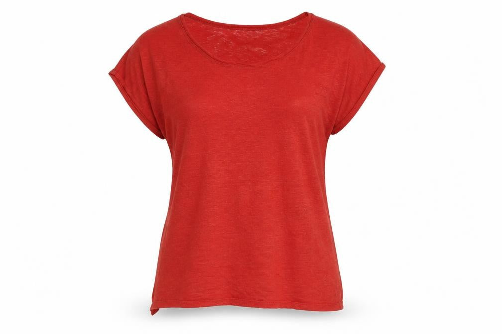 Front view of East Women's Red Linen Short Sleeve Basic T-Shirt, size 12