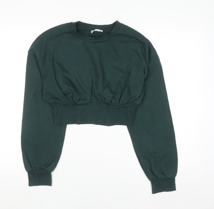 Bershka Women Dark Green Cropped Pullover Sweatshirt Size S