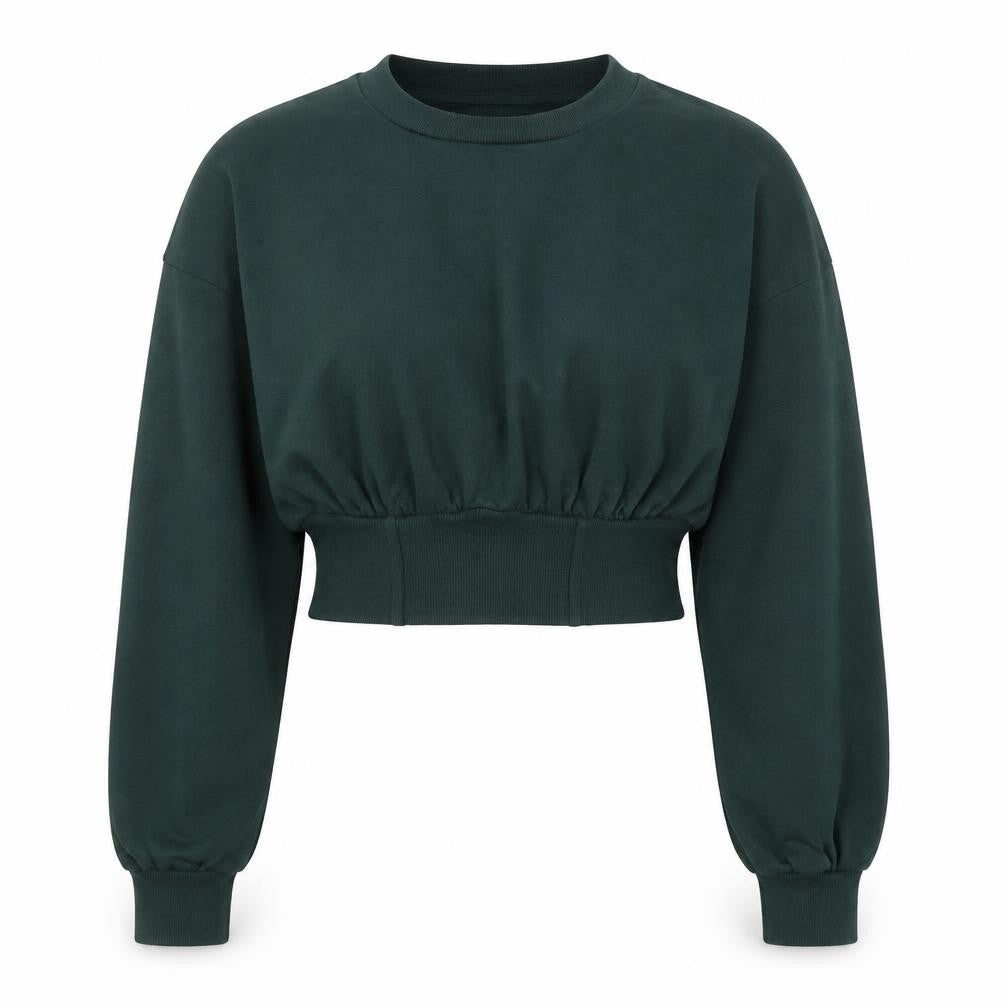 Front view of Bershka Women Dark Green Cropped Pullover Sweatshirt, size S