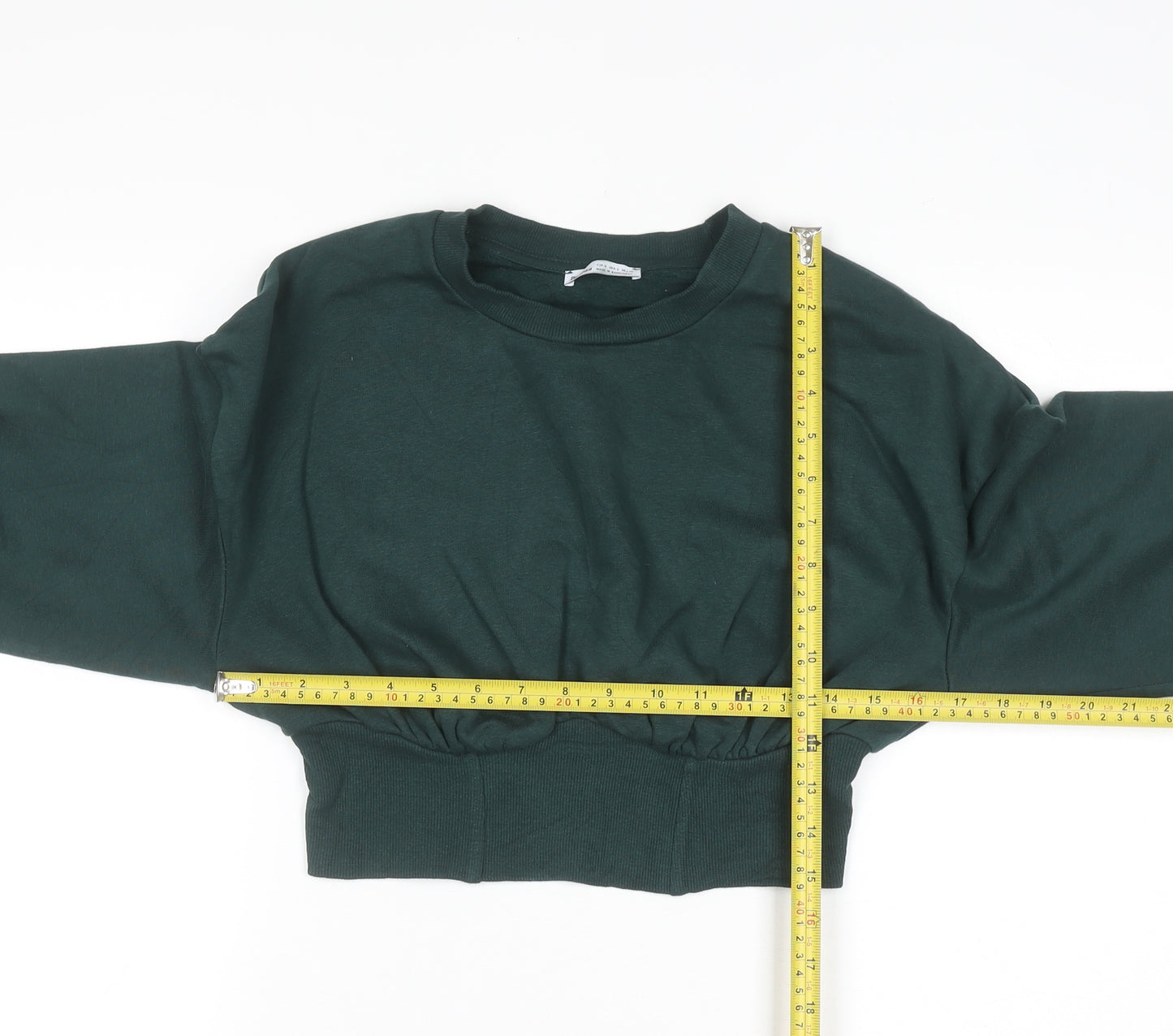 Bershka Women Dark Green Cropped Pullover Sweatshirt Size S
